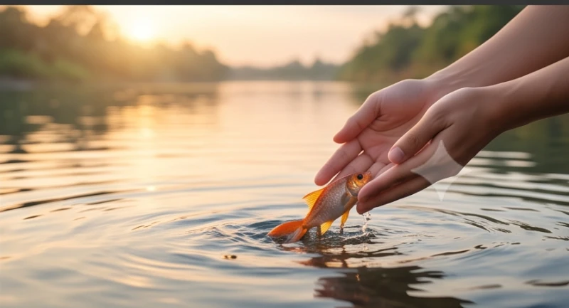 Mơ thấy mẹ Quan Âm: Giải mã điềm cát hung và bộ số tài lộc 8 Đôi bàn tay nhẹ nhàng thả những chú cá nhỏ xuống dòng sông tĩnh lặng để hồi hướng công đức và hóa giải vận hạn.
