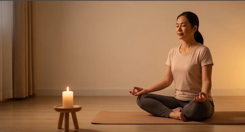 Mơ thấy người bệnh khỏe lại: Ý nghĩa điềm báo & bộ số may mắn 7 Một cô gái ngồi thiền tĩnh tâm trên thảm yoga trong căn phòng yên tĩnh với ánh nến vàng