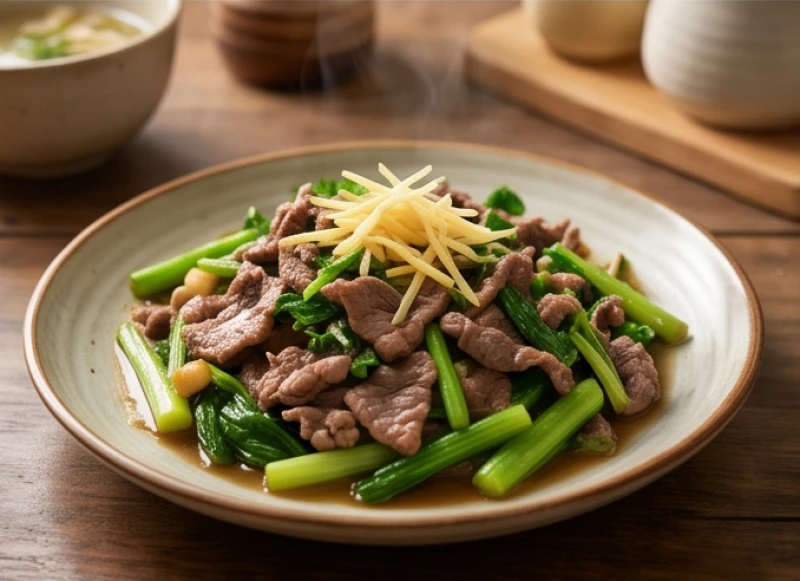 Món thịt bò xào ấm nóng kèm gừng thái chỉ và rau xanh hỗ trợ tái tạo hồng cầu mà không gây lạnh bụng