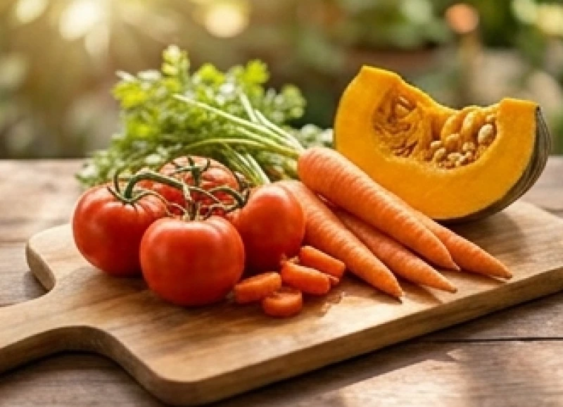 Các loại thực phẩm mang tính ấm như bí đỏ và cà chua được chuẩn bị để hỗ trợ tiêu hóa cho người lớn tuổi
