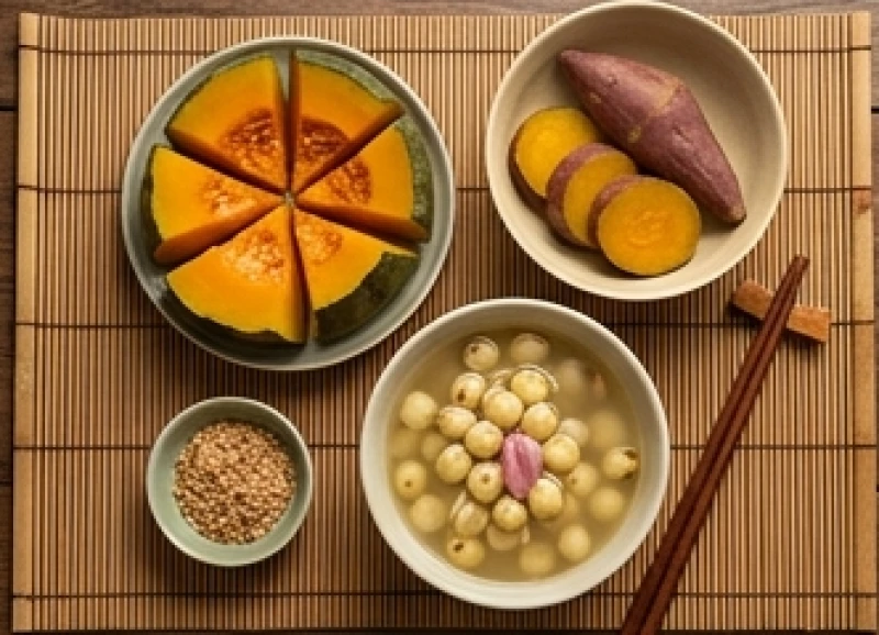 Bữa ăn dưỡng sinh với các loại củ quả màu vàng như bí đỏ và khoai lang giúp bồi bổ tỳ vị khỏe mạnh