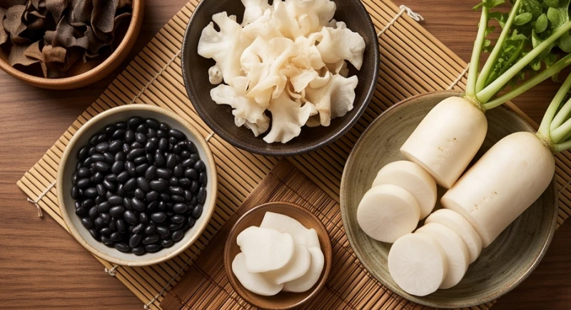 Các loại thực phẩm dưỡng sinh như đậu đen, mộc nhĩ trắng và củ cải được bày biện đẹp mắt