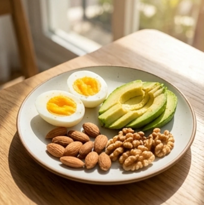 Đĩa đồ ăn nhẹ giàu Biotin với trứng gà luộc, quả bơ thái lát và các loại hạt ngũ cốc