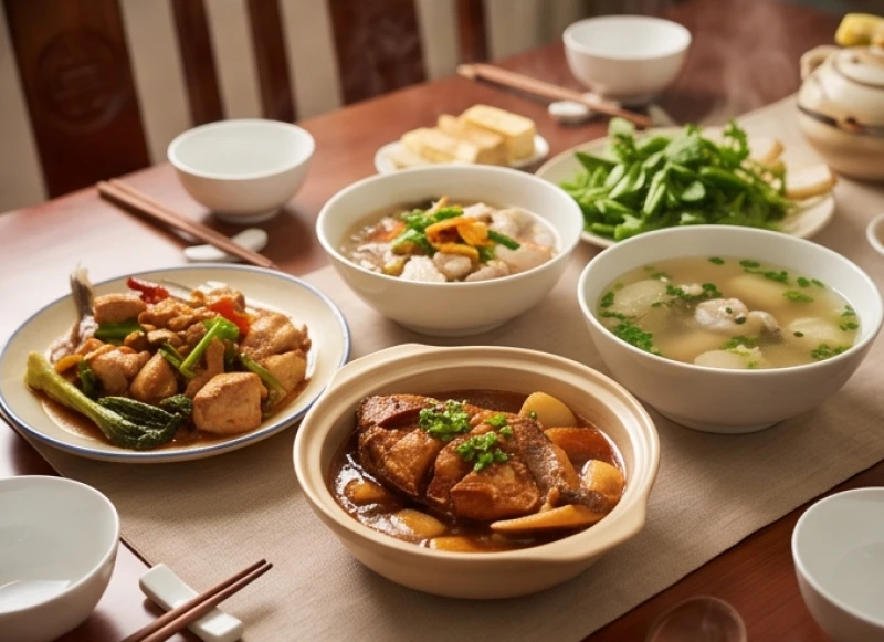 Sức khỏe tuổi Tỵ năm 2026: Phác đồ y khoa và lịch khám 10 Bữa ăn gia đình được chế biến cẩn thận với các món ăn nấu chín kỹ lưỡng đảm bảo vệ sinh