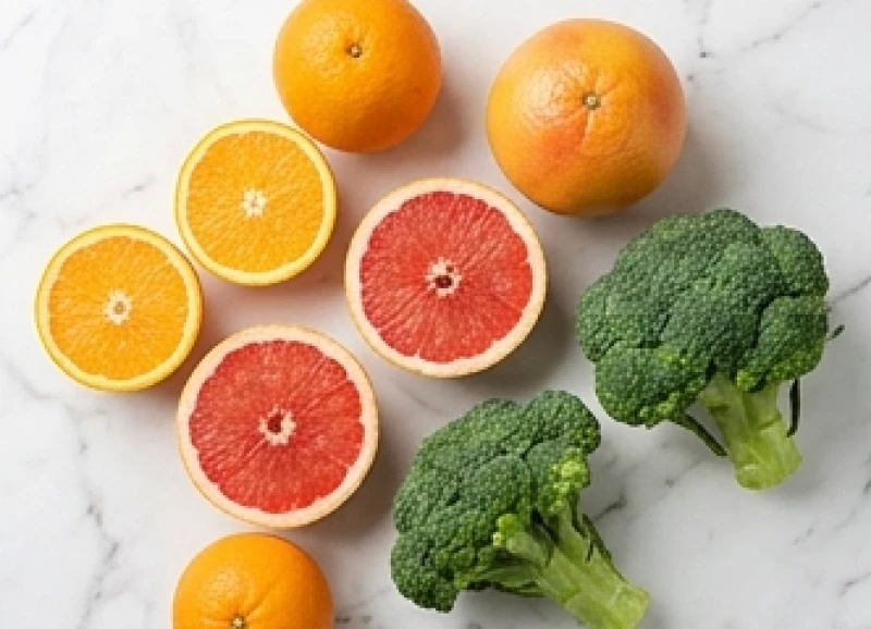 Đĩa trái cây gồm cam, bưởi và súp lơ xanh cung cấp hàm lượng lớn vitamin C giúp vùng da mau lành