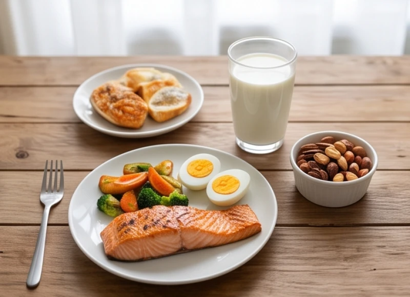 Bữa ăn dinh dưỡng dồi dào canxi và protein gồm cá hồi, trứng, các loại hạt và sữa tươi
