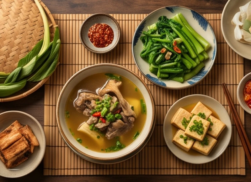 Mâm cơm gia đình với các món ăn dinh dưỡng giúp bổ sung canxi và hỗ trợ điều trị bệnh lý xương khớp