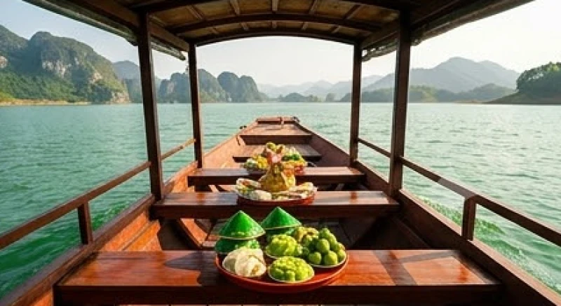 Chiếc thuyền chở du khách và mâm lễ di chuyển êm đềm trên mặt hồ Thung Nai tĩnh lặng vào buổi sáng