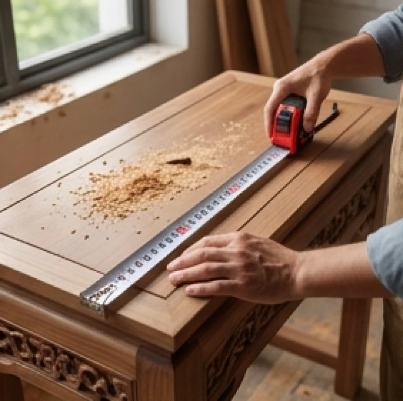 Hướng bàn thờ hợp tuổi Thân: Bảng tra Nam Nữ & kích thước chuẩn 7 Người thợ mộc đang sử dụng thước Lỗ Ban cuộn để đo đạc chính xác chiều dài và chiều sâu của mặt tủ thờ gia tiên