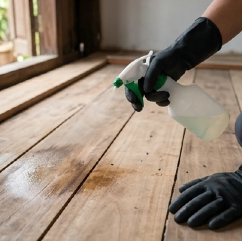 Kỹ thuật viên mặc đồ bảo hộ đang dùng bình xịt chuyên dụng phun dung dịch phòng ngừa mối mọt lên bề mặt ván gỗ thô