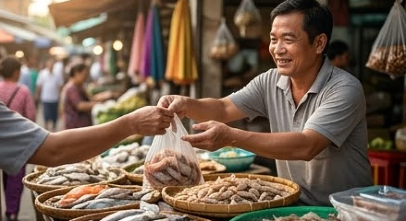 Khung cảnh mua bán tôm diễn ra suôn sẻ với nụ cười rạng rỡ của người bán hàng ở chợ truyền thống