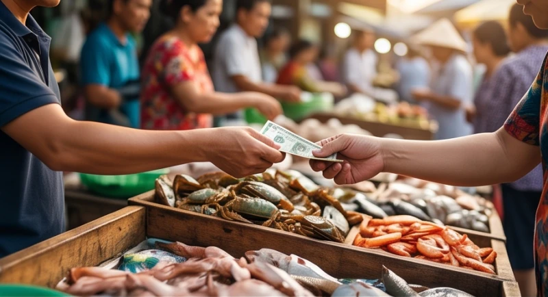 Người mua và người bán đang hào hứng giao dịch tại một quầy hải sản sầm uất