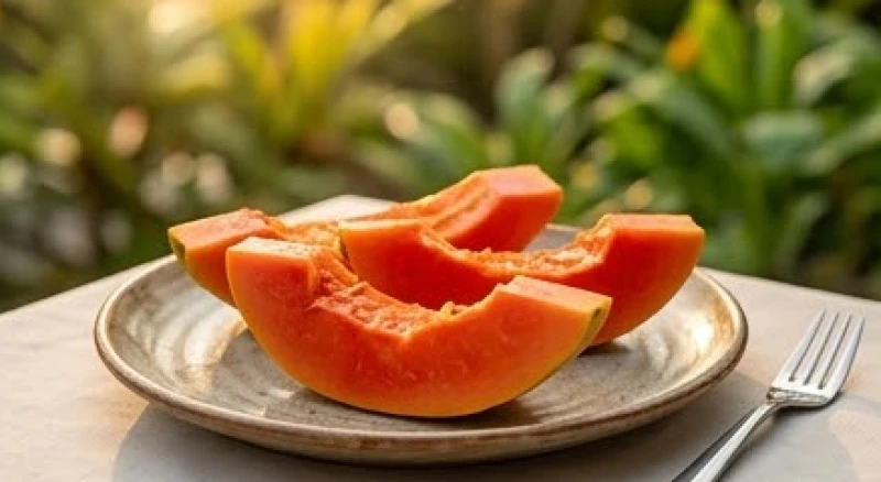 Những lát đu đủ chín đỏ tươi được cắt gọn gàng đặt trên chiếc đĩa gốm mộc mạc