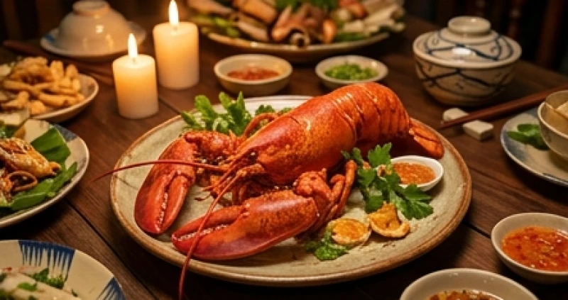 Mơ thấy tôm cá: Tra cứu điềm báo, con số & giải mã tâm lý 3 Món tôm hùm hấp chín đỏ tươi được bày trí đẹp mắt trên bàn tiệc sang trọng