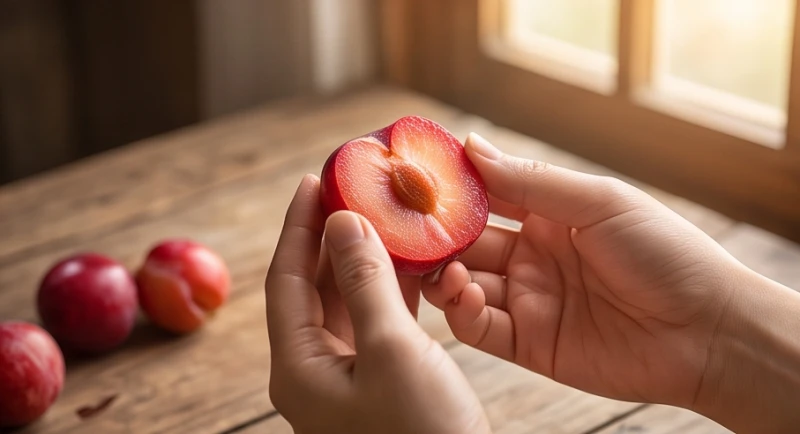 Mơ thấy cây mận: Giải mã điềm báo Bắc Nam và số tài lộc 4 Nửa quả mận chín mọng đỏ âu với phần thịt vàng tươi vô cùng ngon mắt