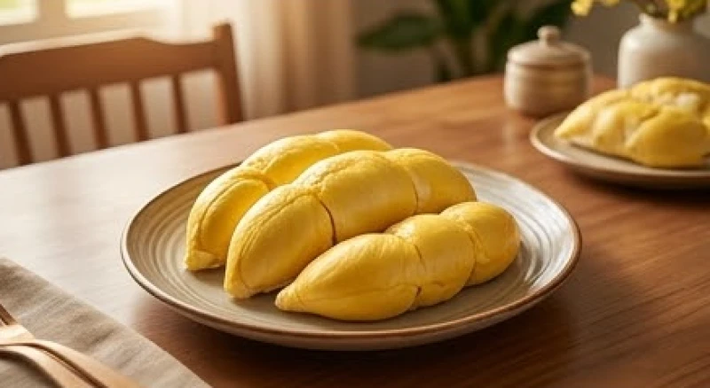 Đĩa sầu riêng chín thơm ngon bày trên bàn gỗ chuẩn bị được thưởng thức mang ý nghĩa tốt đẹp
