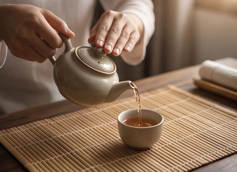 Một người thong thả rót trà nóng bên hiên nhà giữ thái độ tĩnh tại