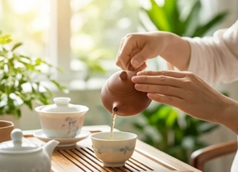 Một người đang mỉm cười nhẹ nhàng rót trà vào chén sứ trong không gian ngập tràn ánh sáng
