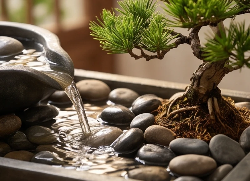 Tiểu cảnh nước chảy êm đềm nuôi dưỡng cây tùng bách luôn tươi tốt