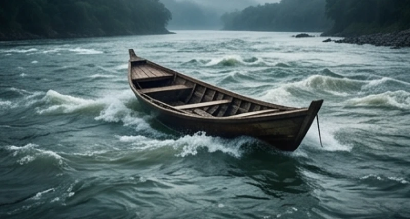 Chiếc thuyền chao đảo nhẹ khi đang nỗ lực di chuyển ngược dòng nước gợn sóng mạnh