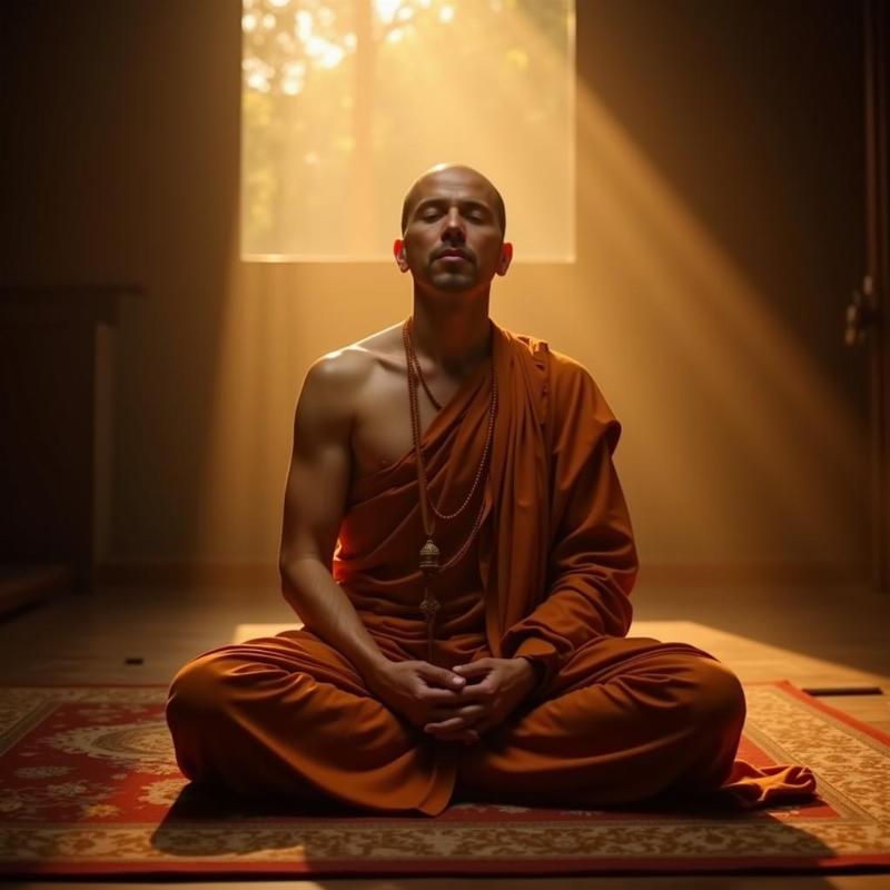 A Buddhist monk meditating and chanting mantras