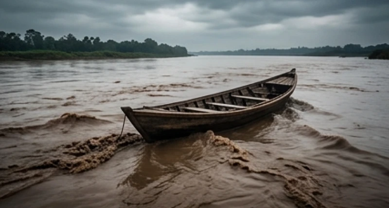 Chiếc thuyền gỗ trôi nổi khó khăn trên dòng sông nước đục ngầu và cuộn sóng dữ dội