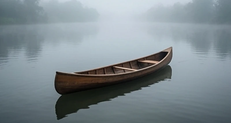 Chiếc xuồng ba lá lơ lửng trôi tự do giữa dòng nước không người cầm lái trong bóng sương