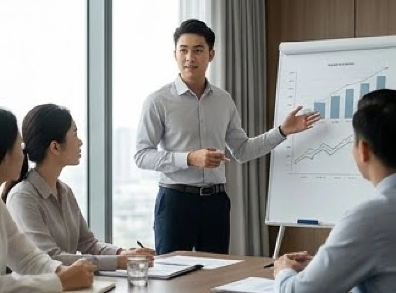 Nhân sự trẻ tuổi tự tin thuyết trình số liệu dự án trước hội đồng lãnh đạo công ty