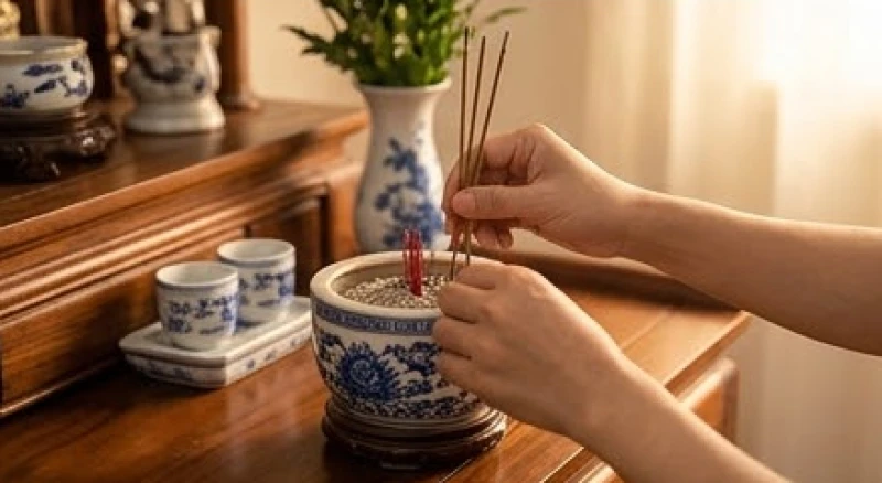 Bàn tay gia chủ đang cẩn thận rút bớt chân nhang cũ khỏi bát hương để phòng chống cháy nổ