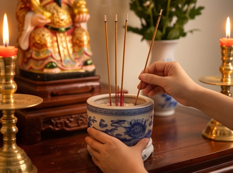 Tỉa chân nhang trên bát hương bàn thờ Thần Tài và cẩn thận giữ lại số lượng chân nhang lẻ