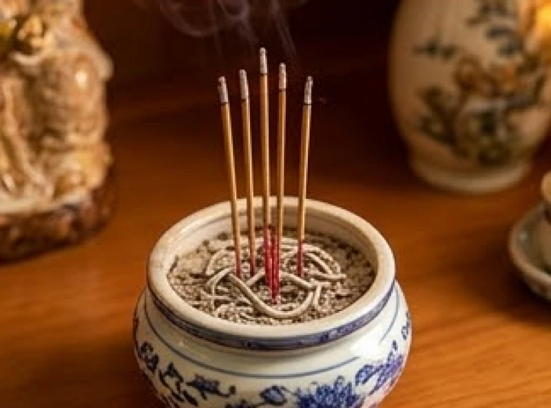 Cách bài trí bàn thờ Thần Tài cho tuổi Sửu: chuẩn hướng 5 nạp âm 10 Bát nhang trên bàn thờ Thần Tài được tỉa bớt chân gọn gàng, giữ lại những nén nhang uốn cong đẹp mắt