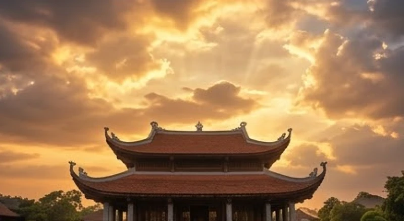Bầu trời đầy mây rực rỡ ánh vàng hoàng hôn tượng trưng cho sự che chở của đấng tối cao