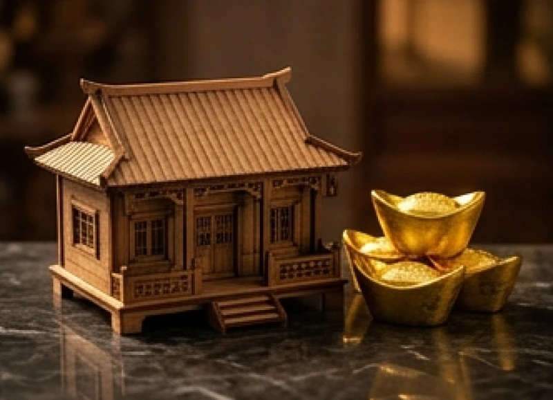 Tử vi trọn đời tuổi Nhâm Tý 1972 nam mạng: vận hạn và tuổi kỵ 8 Mô hình ngôi nhà bằng gỗ trầm nhỏ nhắn đặt cạnh những thỏi vàng kim nguyên bảo trên mặt bàn đá