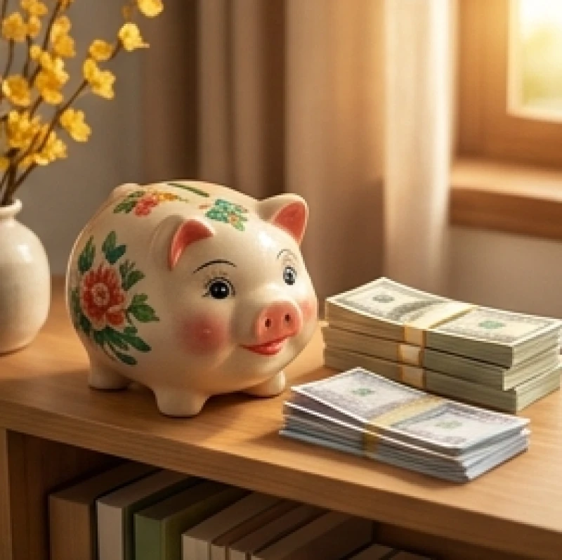Ống heo tiết kiệm bằng gốm sứ bên cạnh những xấp tiền được xếp gọn gàng