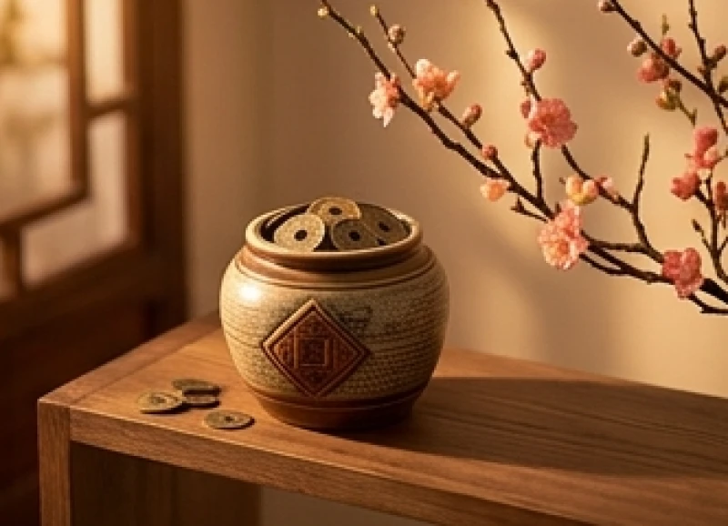 Những đồng tiền xu cổ và hũ gốm nhỏ tượng trưng cho sự tích lũy tài sản