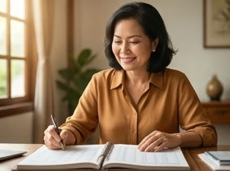 Người phụ nữ trung niên xem sổ sách tài chính với nụ cười mãn nguyện