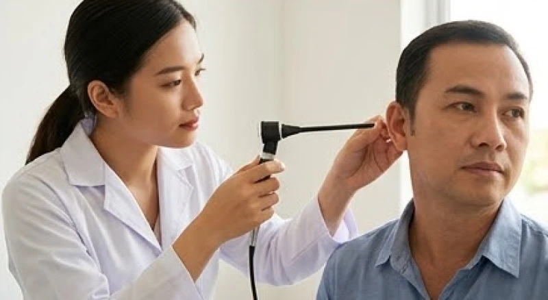 Ngứa tai là điềm gì: Tra cứu 24h nam nữ và hướng dẫn y tế 6 Bác sĩ đang tiến hành nội soi ống tai ngoài để kiểm tra tình trạng tích tụ bã nhờn và nấm tai