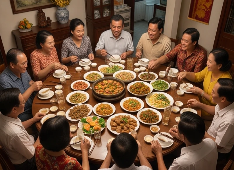 Bàn tiệc đông người Việt Nam với nhiều khách ngồi quanh mâm cỗ lớn, không khí vui vẻ hòa đồng