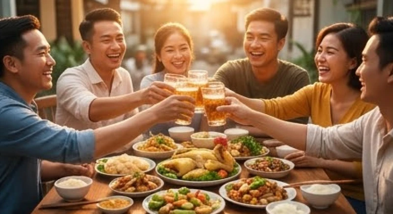 Nhóm người đang vui vẻ nâng ly chúc mừng trong một bữa tiệc ấm cúng thể hiện sự gắn kết xã hội