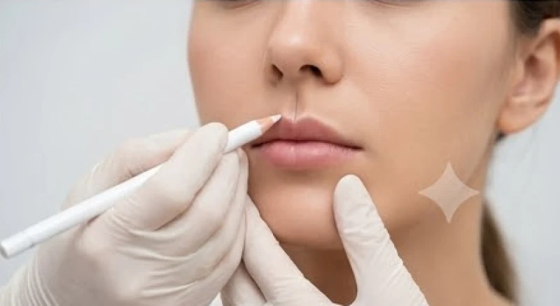 Bác sĩ da liễu đang dùng bút trắng mô phỏng vị trí tiêm filler để tạo hình viền rãnh môi