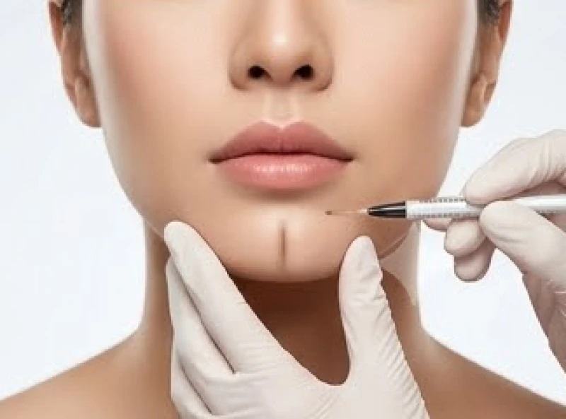 Bác sĩ thẩm mỹ đo vẽ vùng cằm chuẩn bị thực hiện tiêm filler tạo hình tướng cằm chẻ an toàn