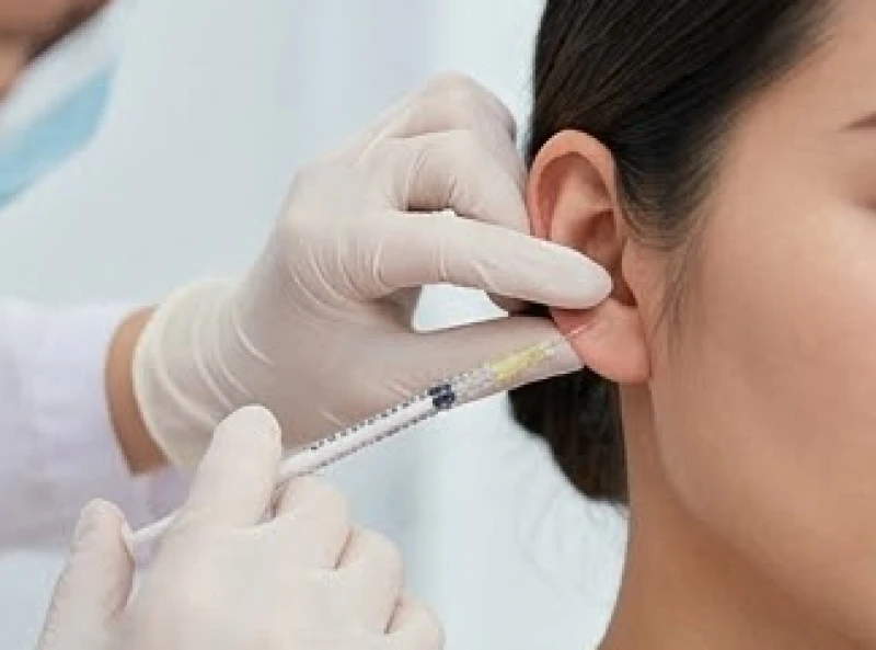 Bác sĩ thẩm mỹ đang cẩn thận thực hiện thao tác tiêm filler để tạo hình dái tai dày dặn cho khách hàng