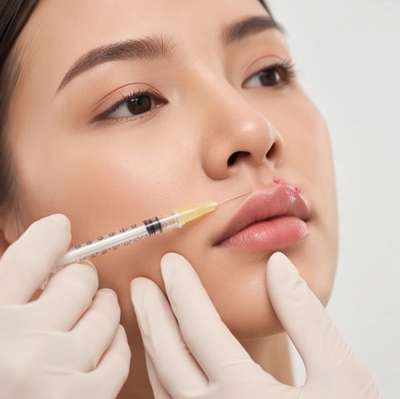 Bác sĩ da liễu thực hiện thao tác tiêm chất làm đầy vào rãnh môi trên để tái tạo độ cân bằng