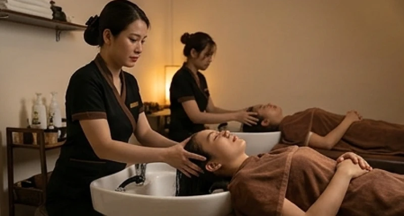 Không gian tiệm gội đầu Việt Nam với ghế ngồi thoải mái, người thợ đang nhẹ nhàng xoa bóp da đầu cho khách