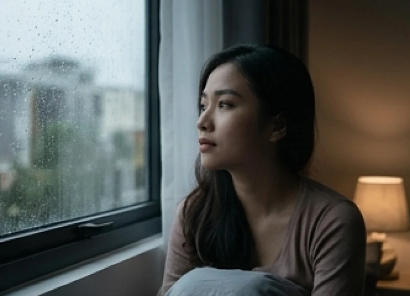 Cô gái mang vẻ mặt suy tư ngước nhìn ra ngoài cửa sổ nhớ về người yêu cũ