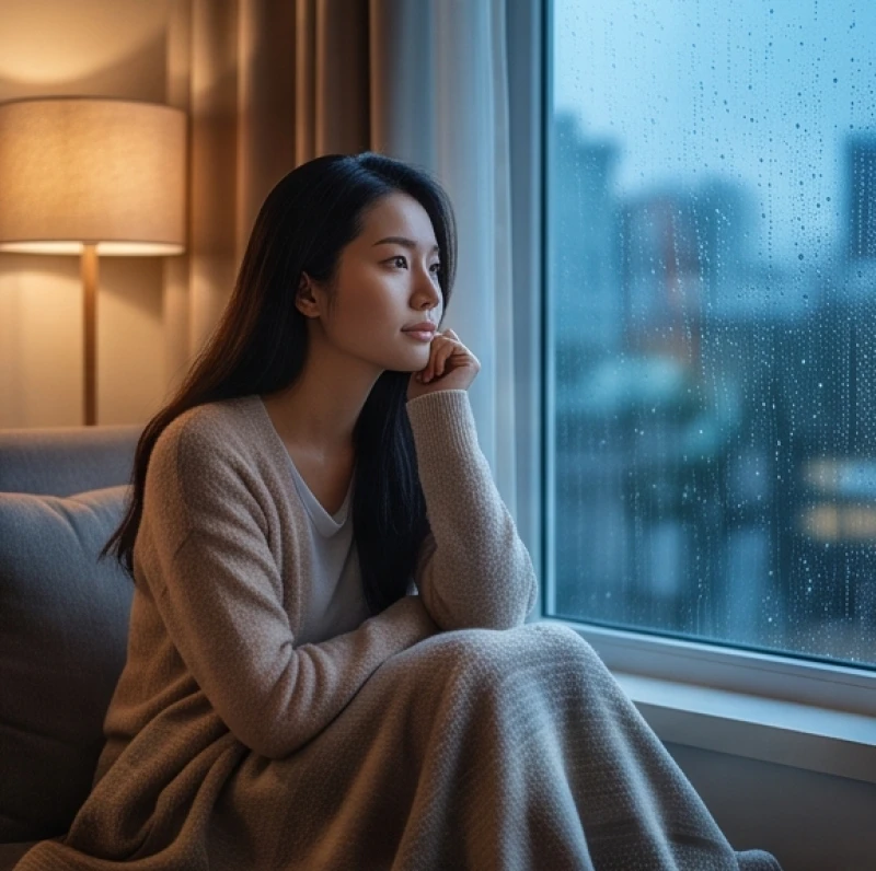 Một người phụ nữ đang ngồi suy tư bên cửa sổ với vẻ mặt trầm ngâm để bóc tách ý nghĩa giấc mộng
