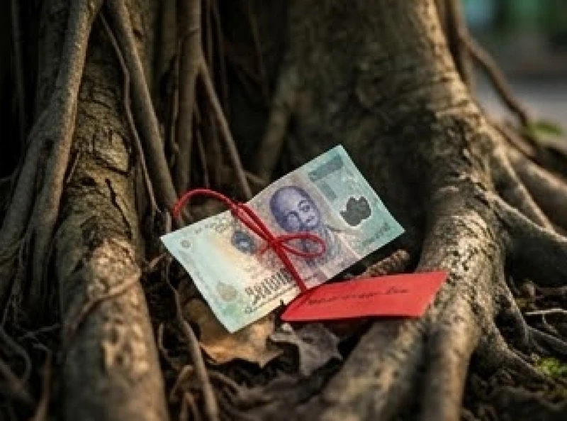 Tờ tiền lẻ bị vò nát kẹp cùng mảnh giấy đỏ chứa bùa chú đặt dưới gốc cây cổ thụ