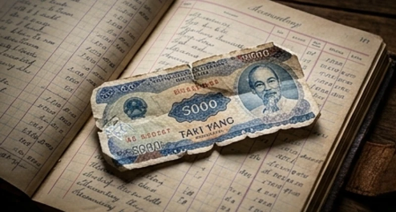 Mơ Thấy Tờ Tiền 1000: Giải Mã Điềm Báo & Sổ Mơ Số May Mắn 4 Một tờ tiền giấy rách nát sậm màu nằm kẹp giữa những trang sổ ghi chép chi tiêu