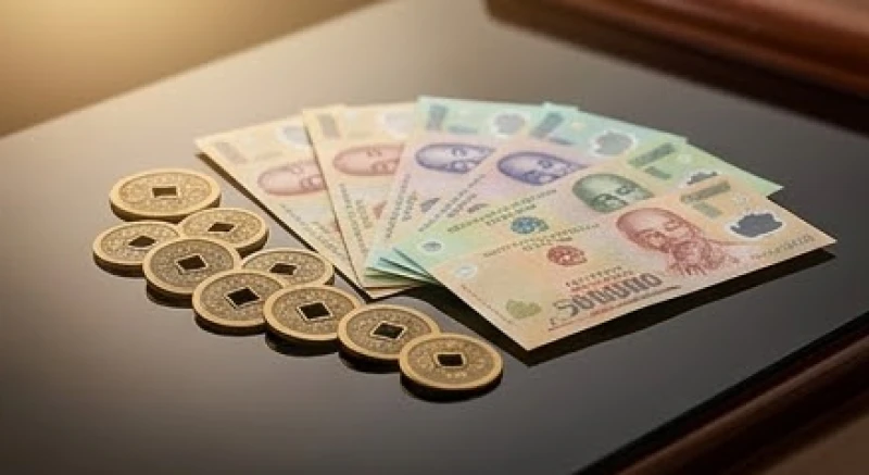 Đồng xu phong thủy và tiền giấy phản chiếu ánh sáng rực rỡ đại diện cho yếu tố Kim và Mộc
