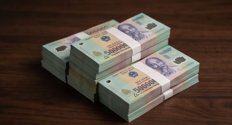 Những tờ tiền polyme mệnh giá năm trăm nghìn đồng mới cứng xếp chồng lên nhau gọn gàng